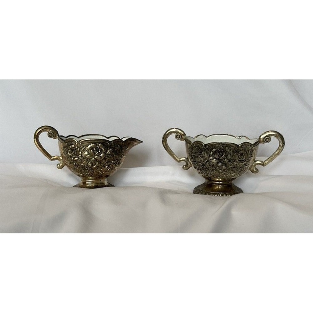 Vintage Silver Plated Sugar And‎ Creamer Set With Inner Ceramic Coating Decor